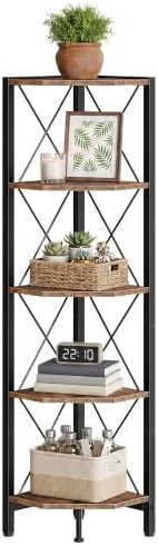 CHOEZON 5-Tier Corner Shelf, Corner Bookcase, 55.2" Tall Vertical Display Rack, Plant Stand, Open Storage Shelf, for Living Room, Bedroom, Study, Kitchen, Rustic Brown and Black TCJ12BF - Image 7
