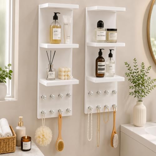 3 Tier White Floating Wall Vanity Shelf with 8 Crystal Hooks, Set of 2 Wall Mounted Bathroom Organizer for Perfume, Makeup, Skincare, Jewelry, Key Holder Display Shelf for Vanity, Entryway - Image 4