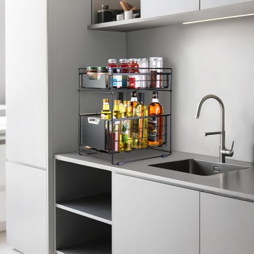 2 Tier Under Sink Organizer,Slide Out Kitchen Cabinet Organizer,Pull Out Pantry Storage with 2 baskets, Office Supplies,Kitchen,Bathroom Organizer with Sliding Drawer,Large Capacity,Multi-Use - Image 5