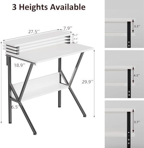 COTUBLR Small Desk, Small Computer Desk for Spaces, 27.5 Inch Computer Desk with Adjustable Monitor Stand, Compact Desk with Storage for Bedroom Home Office, White Tabletop+Black Frame - Image 3