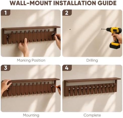 Coat Rack Wall Mount with Shelf, Wood Coat Rack with 12 Hooks, Decorative Wall Storage for Entryway, Bedroom, Bathroom, Living Room and Office - Image 3