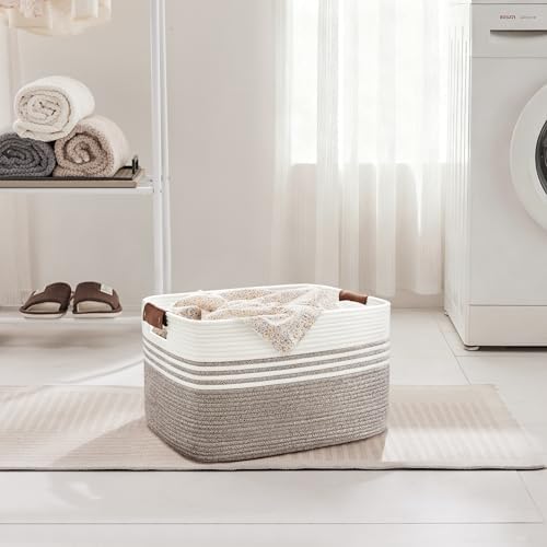 45L Woven Laundry Basket Hamper with Leather Handles,Dark Brown - Image 3
