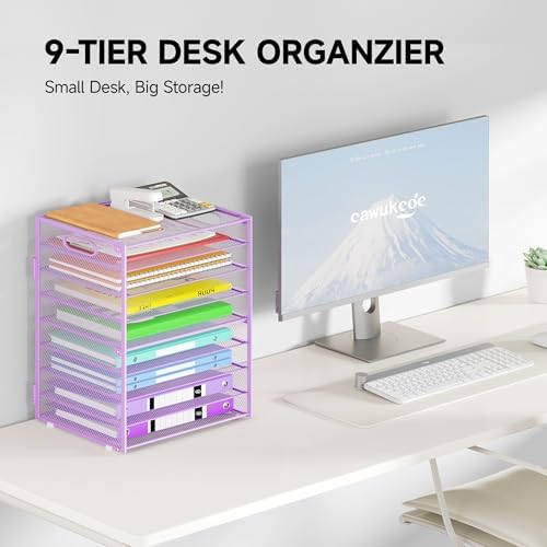 Cawukege 9 Tier Paper Organizer with Handle, 2 Pack Large Capacity Desk Organizer Mesh Paper Letter Tray File Folder Document Sorter for Classroom and Office Accessories Organization- Purple - Image 2