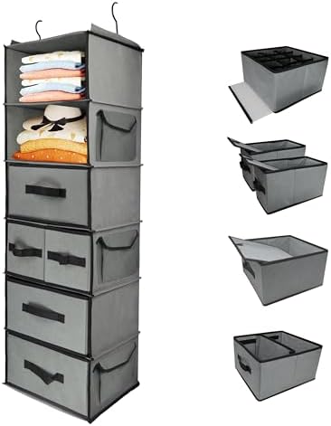 Durable 6-Tier hanging closet organizer with 5 Drawers & 3 Side Pocket,Thickened Fabric Hanging Shelves Holder with Sturdy Hook,Space-saving Storage Organization for Bedroom,Dorm,Guestroom,RV,Bathroom by Folzaelar