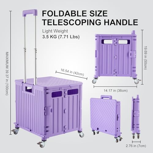 Foldable Utility Cart Folding Portable Rolling Crate Handcart with Durable Heavy Duty Plastic Telescoping Handle Collapsible 4 Rotate Wheels for Travel Shopping Moving Luggage Office Use (Purple) - Image 4