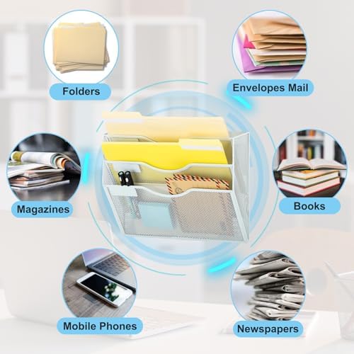 EASEPRES Magnetic 3 Pocket Mesh Hanging Wall File Organizer, Wall Mounted Mail Paper Document Folder Holder, Clipboard Storage Magazine Rack with Nametag Label for Office Home School, White - Image 4