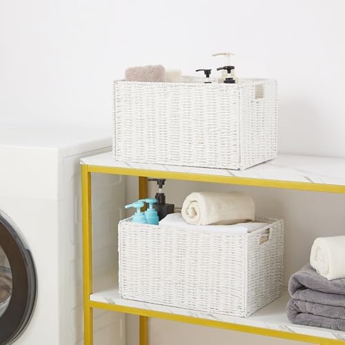Vagusicc Wicker Storage Basket, Set of 2 Hand-Woven Paper Rope Wicker Basket, Large Storage Baskets for Organizing, Foldable Large Cube Storage Organizer Bins for Shelves (White) - Image 7