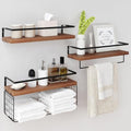 Wood Floating Shelves Wall Mounted - 3+1 Tier Rustic Bathroom Shelves Over Toilet with Wire Storage Basket &Towel Bar, Set of 3 Farmhouse Floating Shelf for Bathroom,Kitchen,Bedroom,Dark Brown. by LUDORU