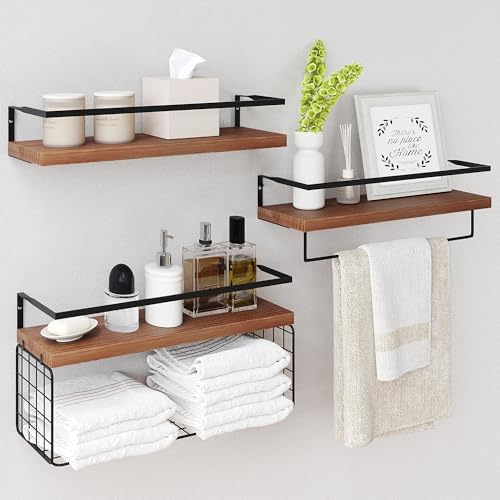 Wood Floating Shelves Wall Mounted - 3+1 Tier Rustic Bathroom Shelves Over Toilet with Wire Storage Basket &Towel Bar, Set of 3 Farmhouse Floating Shelf for Bathroom,Kitchen,Bedroom,Dark Brown. by LUDORU