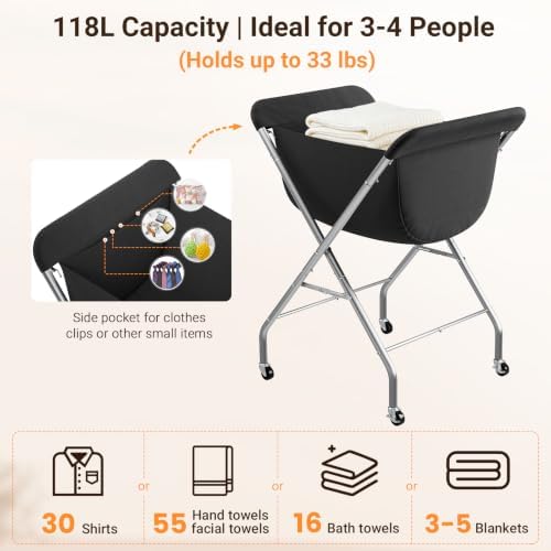 ELYKEN Laundry Basket with Wheels, Collapsible Laundry Hamper, Black - Image 5
