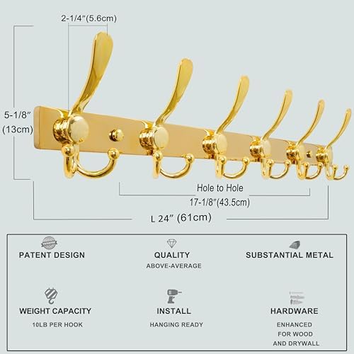 Dseap Coat Rack Wall Mount 24 Inch, Heavy Duty 12-Gauge Base vs Flimsy 1mm, Double-Thick Solid Anti-Snap Hooks, Stainless Steel 6-Hook Hanger for Clothes Hat Closet Entryway, Gold, Pack of 2 - Image 3