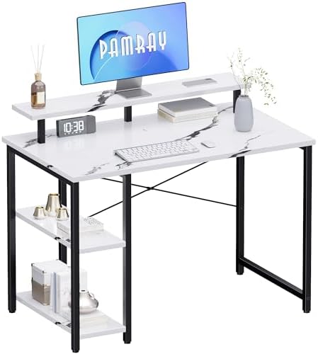 Pamray 33.5 Inch Small Computer Desk with Monitor Stand and Shelves by PAMRAY