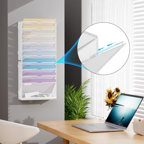 Marbrasse Wall File Holder 11-Tier Hanging Wall File Organizer, for Papers, Files Clipboard & Magazine Organizer, Wall Mount File Holder Great for Office Home (White) - Image 5