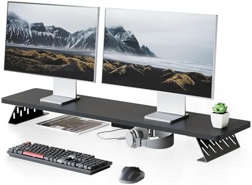 Fenge Monitor Stand Riser, Wooden & Metal Desk Shelf Organizer, Black by Fenge