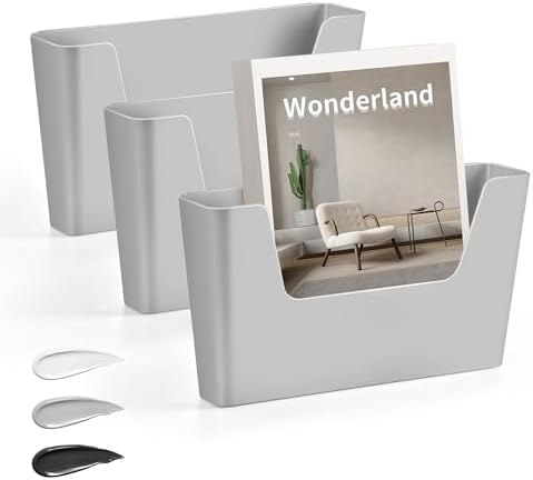 JOMOLA No Drilling File Holder 3 Pack Mail Organizer Wall Mount File Organizer Holder Office Wall Hanging Files Magazines Organizer Plastic Door Mount Wall Pocket with Adhesive Pad, Grey Color by JOMOLA