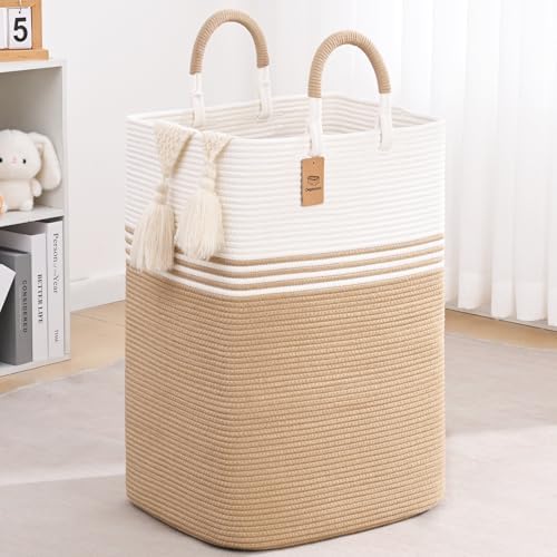 Laundry Basket Hamper,Blanket Storage,Dirty Clothes Hamper with Swivel Handles,Woven Cotton Rope Toy Baskets,Blanket Basket Living Room,Decorative Hampers for Nursery,Bedroom,White & Brown,100L by Degeyoyo