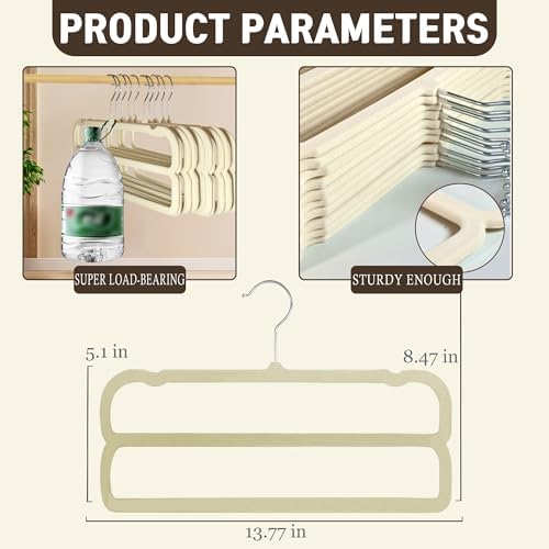 VSV stoage Velvet Pants Hangers with Double Non Slip Bar - Multiple Velvet Hangers for Closet - Thin Space Saving Clothes Hanger - 360° Swivel Felt Trouser Hanger Perchas Terciopelo 10 Pack (Beige) - Image 2