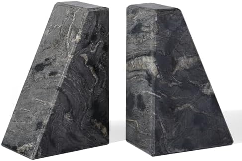 Karibiber Marble Bookends for Heavy Books, Decorative Book Ends for Shelves, Titanium Black Stone Durable and Heavy-Duty Book Ends for Hardback Books & CDS, Unique Book Stopper & Holder, Set of 2 by Karibiber