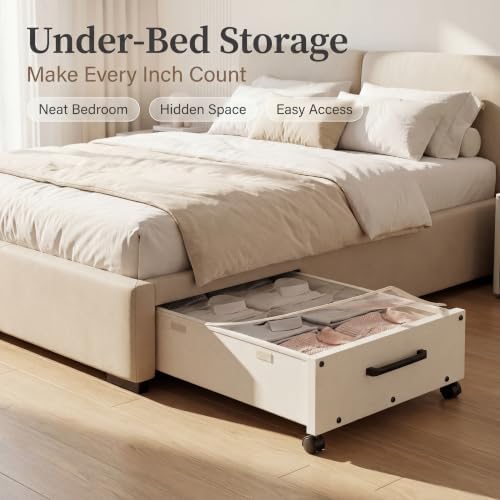 KITHELP Wooden Under Bed Storage with Wheels, Rolling Under the Bed Storage Bins with Removable Lid, Metal Under Bed Drawers for Clothes and Shoes in Bedroom or Living Room (White-2pack) - Image 7