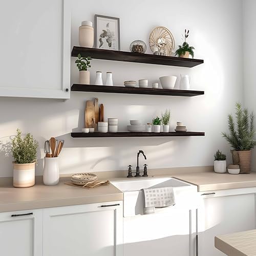 YYWUOJJ Wood Floating Shelves for Wall Decor, Rustic Wall Shelves for Bedroom Bathroom Kitchen Living Room, Set of 4 Walnut 36 Inch - Image 4