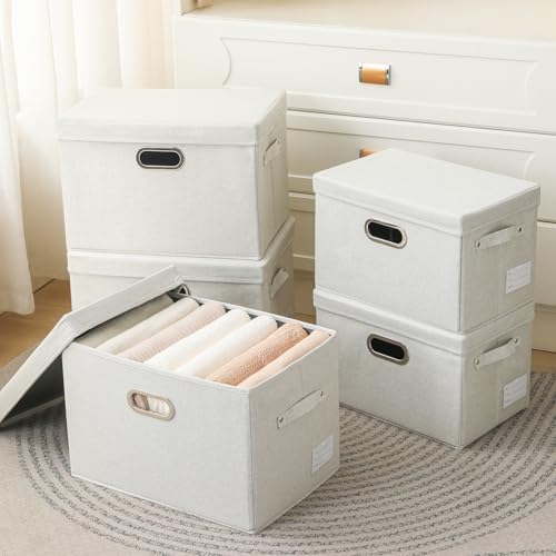 PRANDOM Large Collapsible Storage Containers with Lids [5-Pack] Fabric Foldable Storage Bins Boxes Organizer Baskets Cube with Cover for Home Bedroom Closet Office Beige(17.3x11.8x11.8) - Image 2