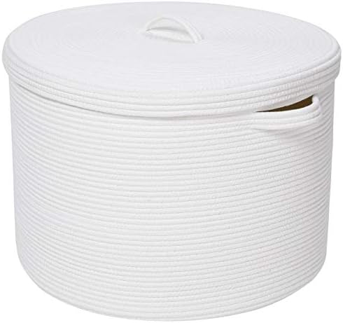 20x15 Inch Extra Large Round Cotton Rope Storage Basket with Lid, Decorative Woven Bin with Cover for Living Room Bedroom Closet, White - Image 2