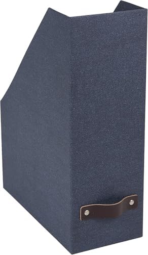 Bigso Box of Sweden Estelle Canvas Fiberboard Upright Magazine Holder and Organizer for Papers and Catalogs with Leather Handle - Magazine File Holder for Office Desks - 12.6in x 4.5in x 9.8in - Blue by Bigso