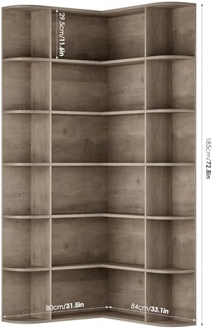 FOTOSOK 72" Tall Corner Bookshelf, 6-Tier Bookshelf and Bookcase, Grey - Image 2