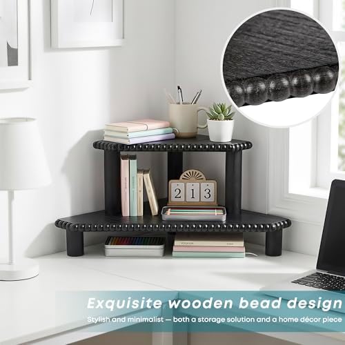 2-Tier Rustic Corner Shelf for Kitchen Counter,Wood Beaded Farmhouse Countertop Organizer with Removable Feet, Stackable Bathroom Vanity & Coffee Bar Decorative Riser Stand(Rustic Black) - Image 4