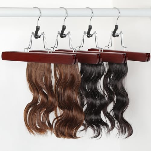 TOPIA HANGER 24 Pack Wooden Pants Hangers, Hair Extension Hangers Non Slip Skirt Hanger Wood Clamp with Velvet Padded 360° Swivel Hook for Jeans, Skirts, Trousers, Wigs Cherry CT68M - Image 5