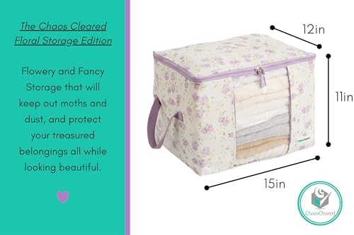 Chaos Cleared Canvas Storage Bags Designer Organizer 2 Pack – Seasonal Storage for Sweaters, Blankets, Linens & Garments – Foldable Design with Zip & Window (Purple Floral Print) - Image 6