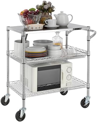 Finnhomy 3 Tier Heavy Duty Commercial Grade Utility Cart with Wood Top, Wire Rolling Cart with Wheels and Handle Bar, Kitchen Carts on Wheels, Metal Cart with 600 LBS Capacity, Chrome - Image 7