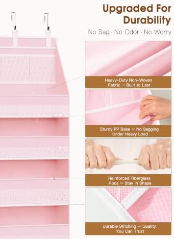 Criusia Over the Door Organizer, 6-Shelf Closet Hanging Storage with 13 Mesh Pockets, 55lbs Capacity Behind the Door Storage for Baby Nursery, Bathroom, Bedroom, and Dorm, Pink - Image 3