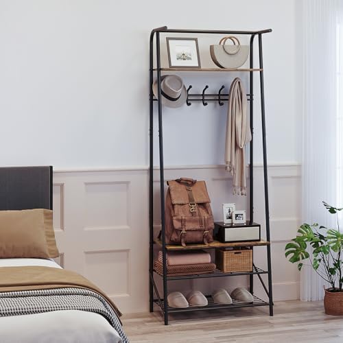 25" Coat Rack Hall Tree with Hooks, 4-Tier Shelf Entryway Storage Hall Tree Freestanding Metal Frame Multifunctional Hallway Organizer, Accent Furniture for Bathroom, Shoe Bench Entryway - Image 5