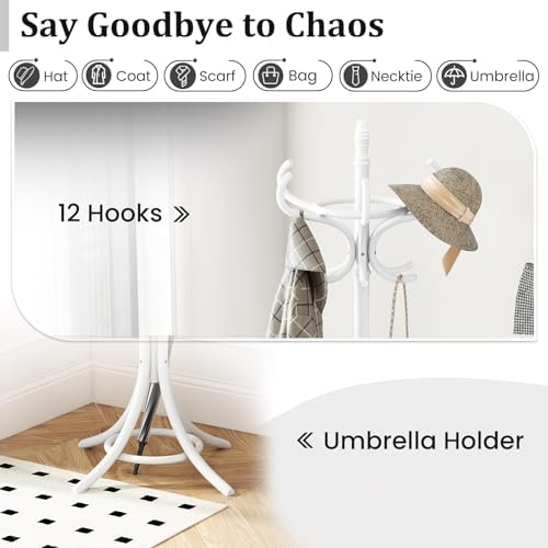 Tangkula Coat Rack with Umbrella Holder, 73 Inch Freestanding Coat Hanger Stand with 12 Hooks, Wooden Entryway Coat Tree for Clothes, Bags, Hats, Scarves, Living Room, Bedroom, Hallway (White) - Image 7