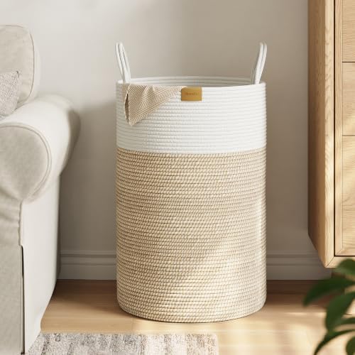 Nunsino Laundry Hamper 75L,Large Laundry Basket for Clothes,Decorative Storage Basket for Blankets,Cotton Rope Woven basket for bedroom,Brown White by Nunsino