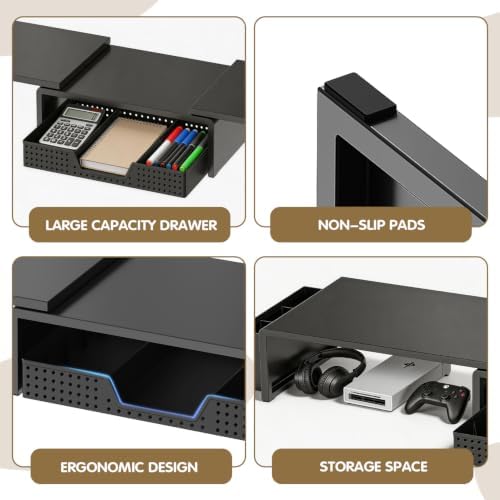 LEKETREE Dual Monitor Stand Riser with Drawer and 2 Pen Holders, Black - Image 6