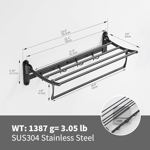 BESy Towel Racks with Foldable Towel Bar Hooks, Wall Mounted Matte Black - Image 6
