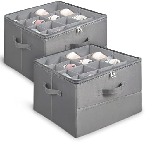 2 Pack Under Bed Shoe Storage Organizer, 16-Compartment Foldable Shoe Storage Boxes with Adjustable Dividers & Clear PVC Lid, Sneakers, Heels, Boots & Sandals Organizer for Closet, Grey by Milentii
