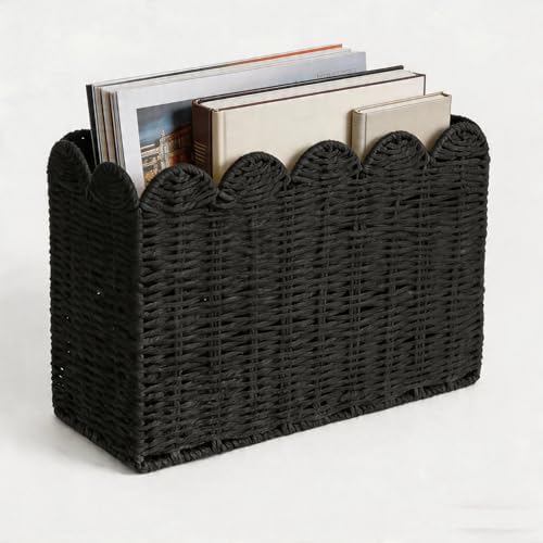 Black Paper Rope Magazine Holder, Scalloped Magazine Basket by Rattanzenith