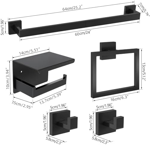 5-Pieces Matte Black Bathroom Hardware Accessories Set, 24 Inch Stainless Steel Towel Racks for Bathroom, Towel Bar Set Towel Ring Coat Hook and Toilet Paper Holder with Shelf Wall Mounted - Image 6