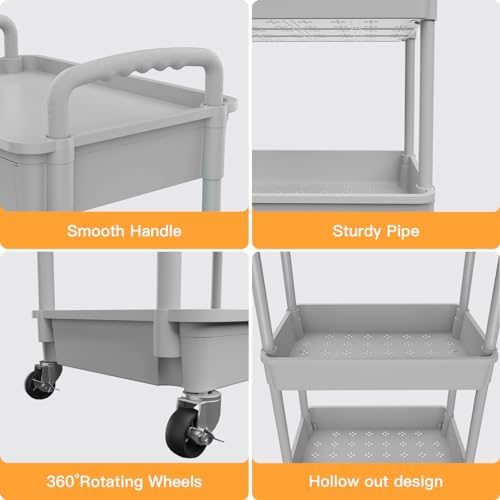 4 Tier Rolling Utility Cart with Drawer,REBECAT Utility Cart Made of Multifunctional Storage Organizer Tool for Kitchen,Bathroom,Living Room,Office(Gray) - Image 2