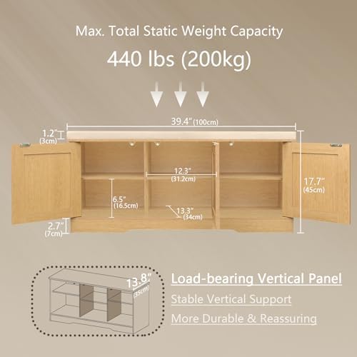 DINZI LVJ Shoe Storage Bench with Cushion, Door, Natural 39.4" LX17.7 H - Image 3
