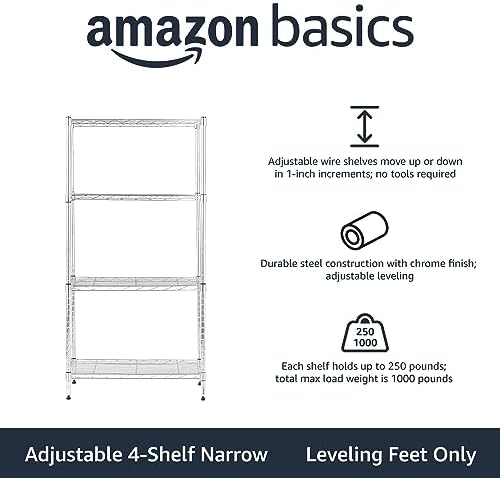 Amazon Basics 4-Shelf Adjustable Storage Shelving Unit for Garage, Steel Wire Rack, 200 Pound Loading Capacity per Shelf, 13.4"D x 23.2"W x 48"H, Chrome - Image 2