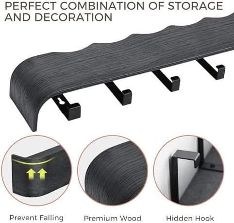 Coat Rack Wall Mount with Shelf Entryway Shelf Modern Key Holder Hanger Wall Shelves with Hidden Hooks for Hanging Towels Coats Hats Bags for Hallway Bathroom Bedroom (Wavy Black, 5 Hooks) - Image 5