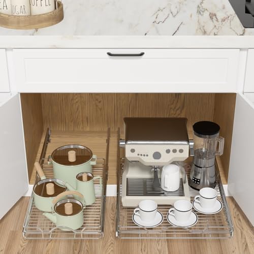 OCG Pull Out Cabinet Organizer 2 Pack (12" W x 21" D), Pull out Shelves 1 Tier, Cabinet Slide Out Shelves for Base Cabinet Organization in Kitchen Bathroom Pantry, Bottom Mount, Chrome Finish - Image 4