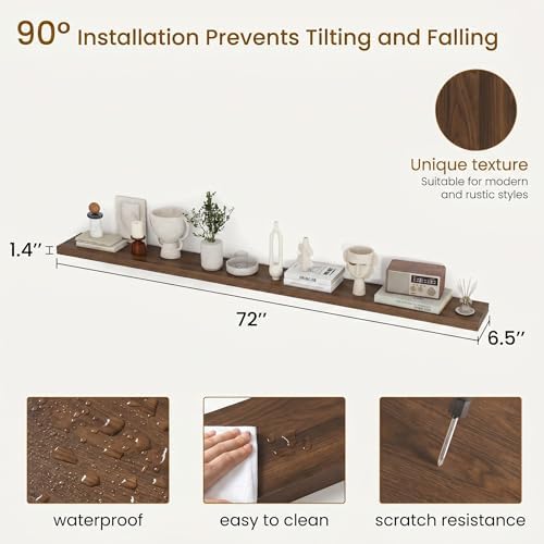 Dreamland 72Inch Floating Shelves for Wall, Rustic Wooden Walnut Floating Shelves for Living Room, Kitchen, Farmhouse, Deep Wall Mounted Book Shelf, Wood Storage Display Shelf for Home Decor, Set of 2 - Image 3