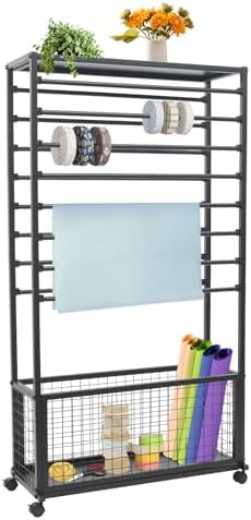 Ribbon Organizer Rack, Double-Sided 16 Tier Ribbon Storage Holder, Floral Wrapping Paper Spool Stand Racks for Craft Room, Scarf Tie Belt Towel Display Shelf Sewing Station Cart, Black, 31.5in Wide by juckeyroot