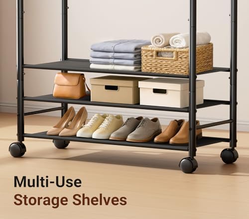 SLEEPING LAMB 44" Double Rods Clothes Rack for Hanging Clothes, Sturdy Wardrobe Clothing Rack with 3 Tier Shelves, Portable Rolling Garment Rack With Wheels for Bedroom, Laundry Living Room, Black - Image 3