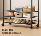 SLEEPING LAMB 44" Double Rods Clothes Rack for Hanging Clothes, Sturdy Wardrobe Clothing Rack with 3 Tier Shelves, Portable Rolling Garment Rack With Wheels for Bedroom, Laundry Living Room, Black - Image 3